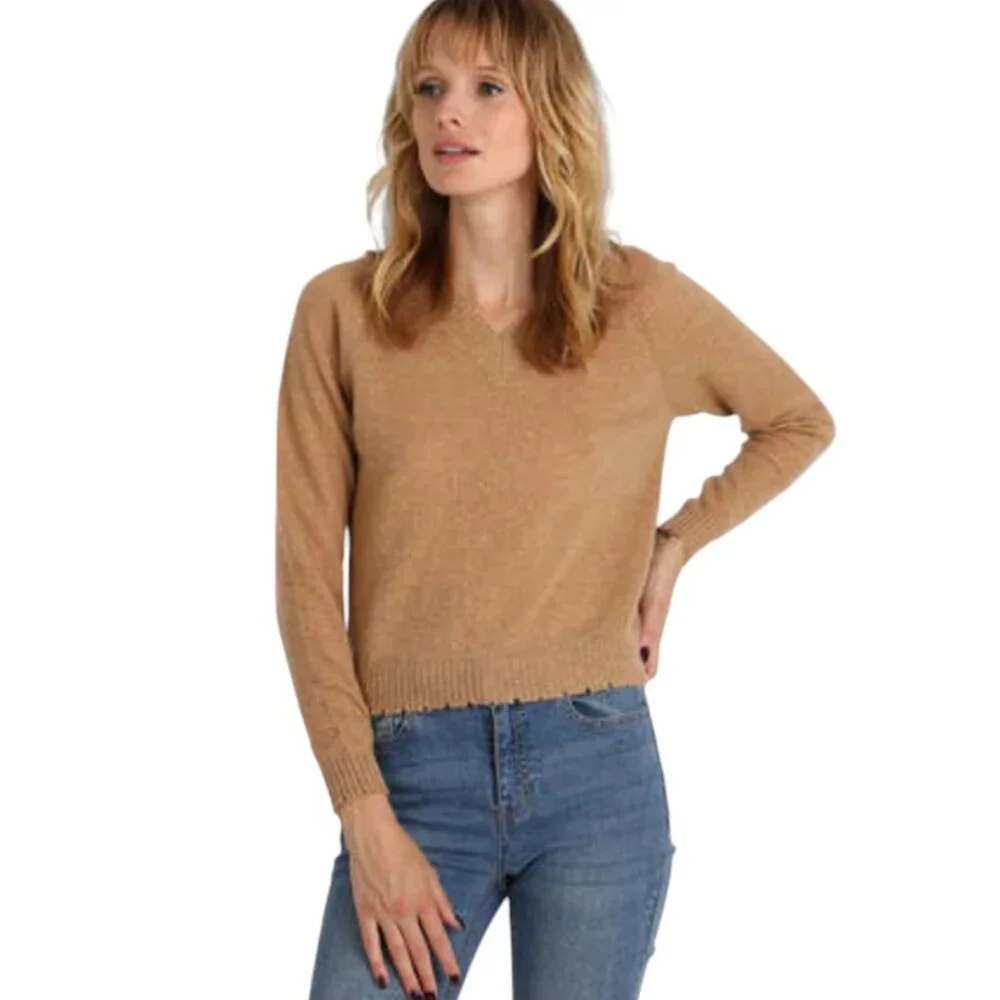 Minnie Rose Cashmere Frayed Edge V-Neck Sweater, Camel S